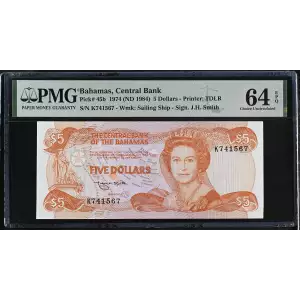 5 Dollars L.1974 (1984), 1974 Central Bank Act; 1984 ND Issue b. Signature James H. Smith. 2 horizontal serial #s Bahamas 45