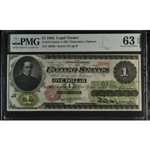 $1 Series 1-166 at top ABNCo monogram at center-right edge Green patent date at right Type 1 over left serial number; Red Seal Legal Tender Issues 17a